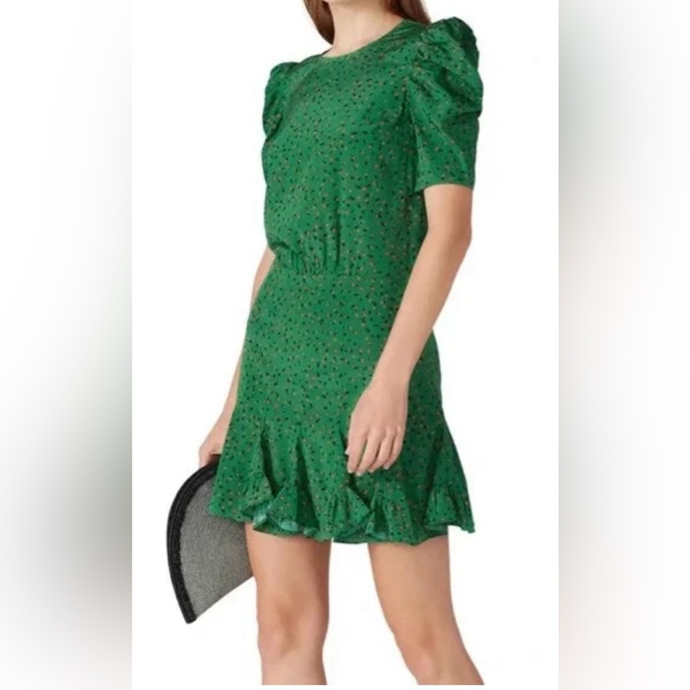 Veronica Beard Green Floral Puff-Sleeve Ruffle Hem Dress
